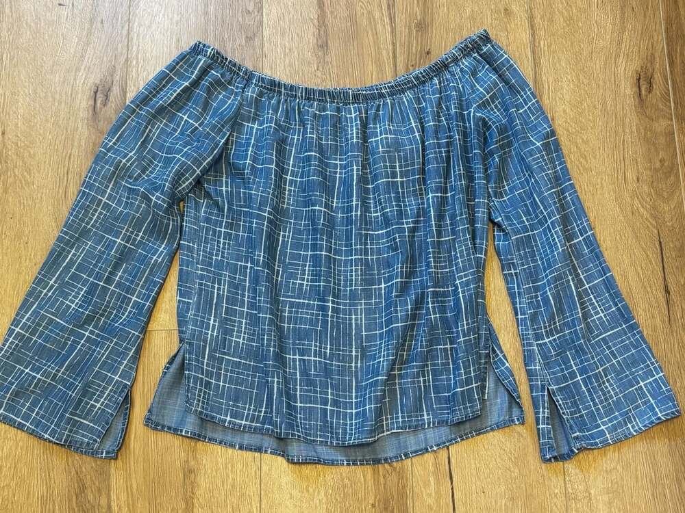 Cloth & Stone Off Shoulder Top Size L Blue White Plaid Tencel Lyocell